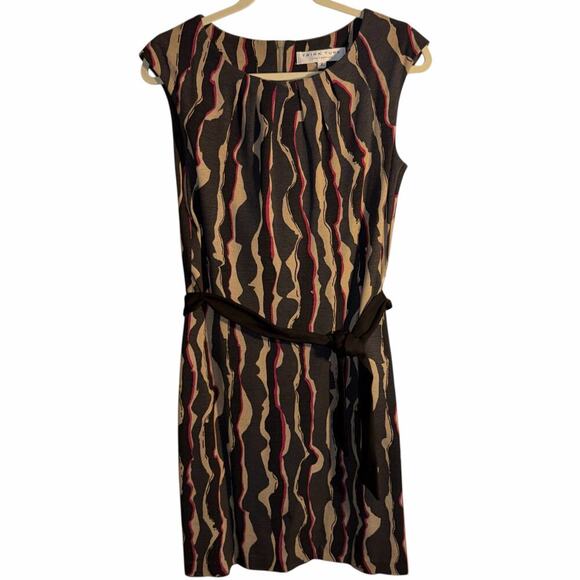 Trina Turk Abstract Print Belted Sheath Dress Size 2 Brown Tan Black Cap Sleeve - Picture 8 of 8